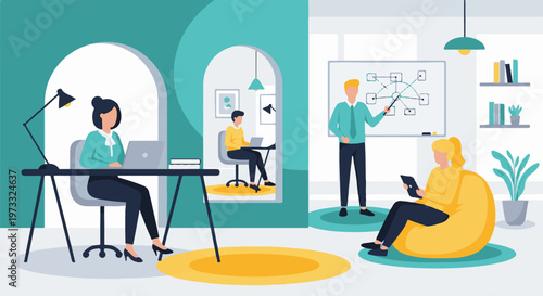 A modern office space with people working, collaborating, and learning