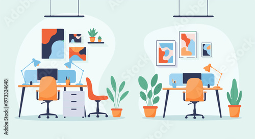 Two modern office workstations with computers, orange chairs, art, and plants