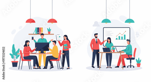 Office collaboration and planning session with diverse team members