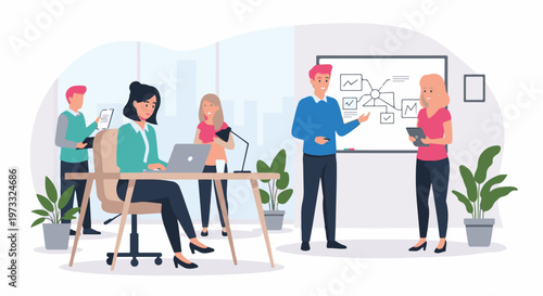 Diverse team collaborates in modern office with whiteboard presentation