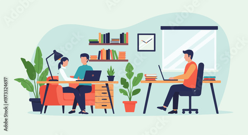 Two people work on laptops in a modern office with plants and bookshelves