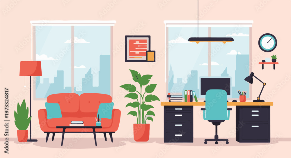 Naklejka premium Cozy and modern home office with a view