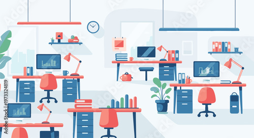 Modern flat design office interior with multiple workstations, computers, chairs, plants