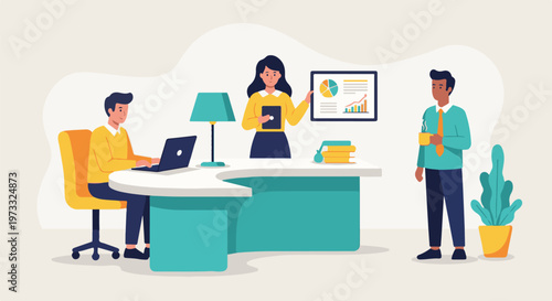 Diverse colleagues collaborate in an office, discussing charts and graphs