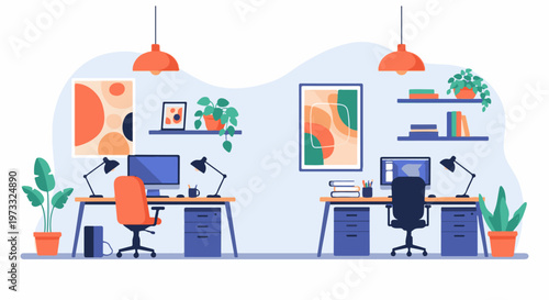 Two modern, colorful home office desks with chairs, computers, plants and art