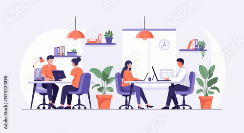 People working in a modern office, with plants and computers