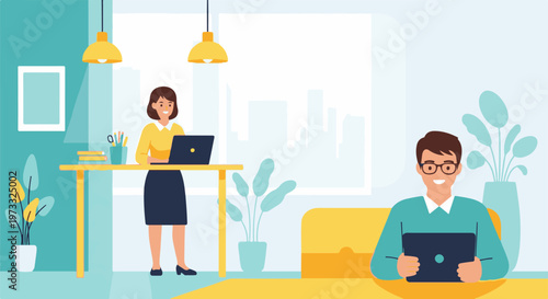 Modern office space with a woman at a standing desk and a man on a sofa using laptops