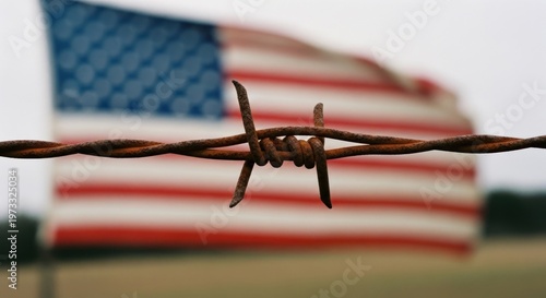 American Flag Behind Barbed Wire A Symbol of Borders and Division.