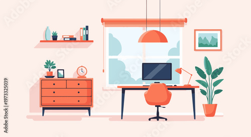 A minimalist, flat-design illustration of a home office with a desk, computer, chair, and plants