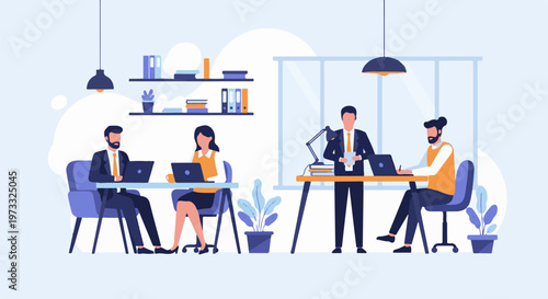 Office scene with people working on laptops and standing, shelves with books, and plants