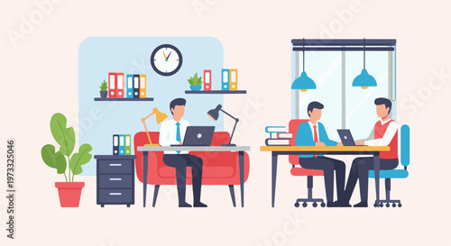 Three men working in a modern office space with laptops and plants