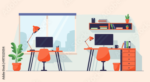 Two modern office desks with computers, chairs, lamps, plants, and bookshelves