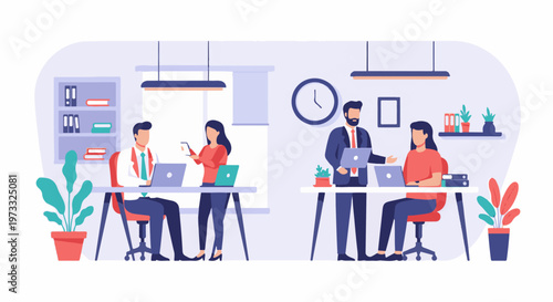 Professionals collaborate in a modern office setting, utilizing laptops, phones, and discussing tasks