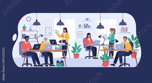 Diverse people working on laptops in a modern, brightly lit office environment