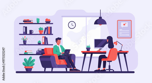 Two people work at home in a modern, minimalist office with plants and a bookshelf