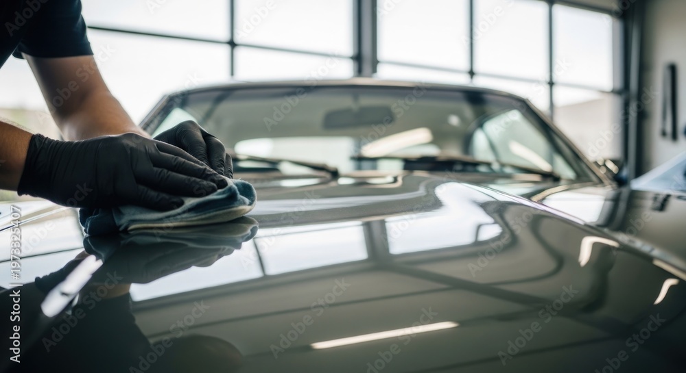 Fototapeta premium Car detailing process Man polishing a classic car with microfiber cloth.
