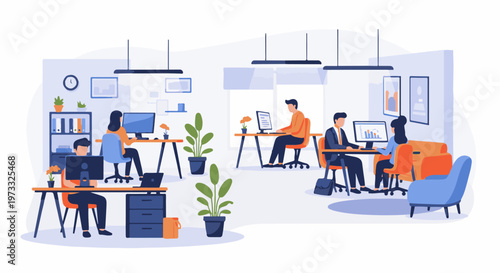 People working on computers at desks in a modern office space with plants