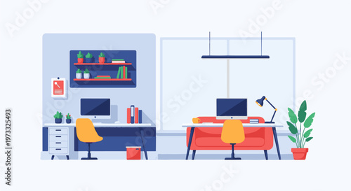 Two modern home office setups with computers, desks, chairs, and plants