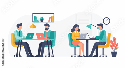 Diverse team members collaborating and working on laptops in a modern office setting, creating a productive atmosphere