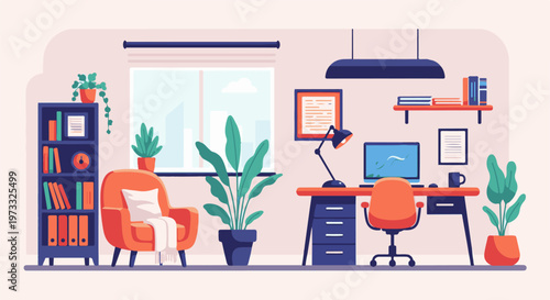 A cozy home office with a bookshelf, armchair, desk, computer, lamp, and plants