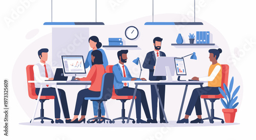 Modern office scene with diverse professionals collaborating and working on computers