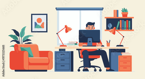 A person works on a computer at a desk in a home office with a chair and plants