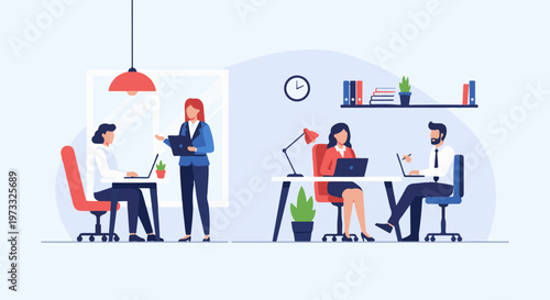 Diverse professionals collaborating in a modern office, engaged in tasks