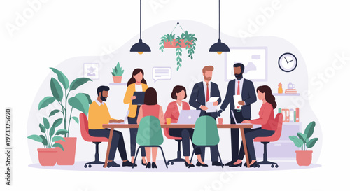 Diverse team collaborating in a bright, plant-filled office, discussing projects around a modern table