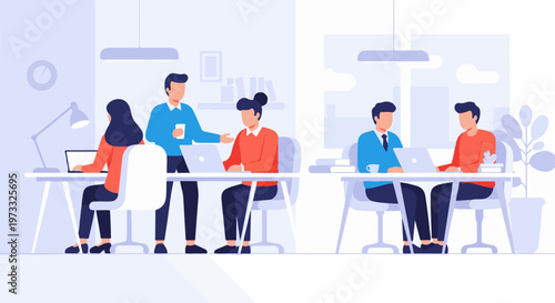 Modern office scene with employees collaborating and working on laptops at desks