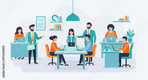 People working together in a modern office with computers and desks