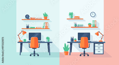 Two identical home offices with desks, computers, chairs, lamps, shelves, and plants