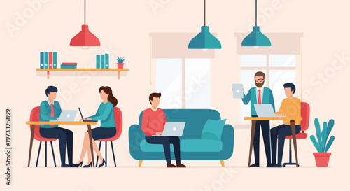 Modern office interior with four people working and collaborating