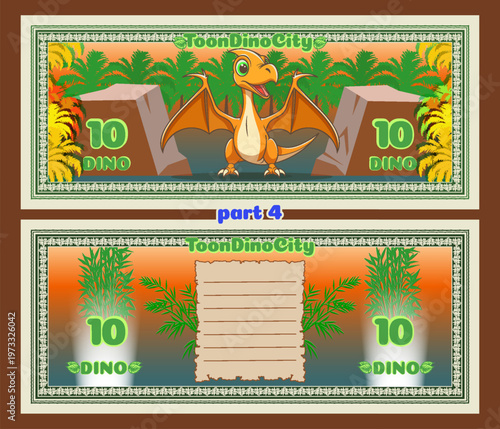 Vector cartoon colored beautiful banknotes, coupons or flyers. Obverse and reverse. Cute toon little dinosaur or baby pterodactyl. Denomination 10 dino. Bamboo, stones and palms leaves. Ten. Part 4