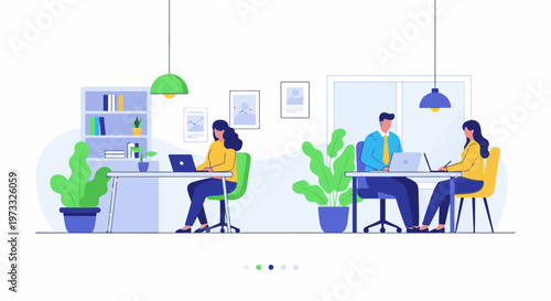 People working in an office environment with laptops, plants, and bookshelves