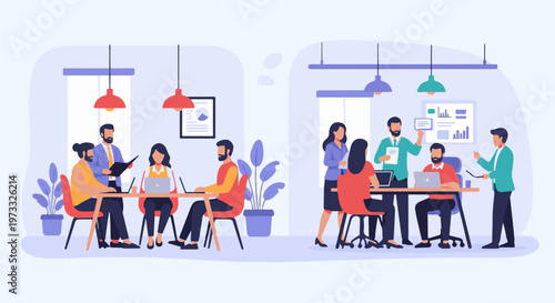 Professionals collaborate in a modern office setting, discussing ideas