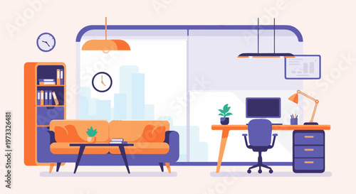 Modern office and living space with bright colors, featuring a desk, sofa, and bookshelf