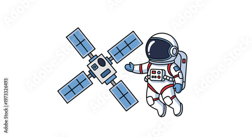 A brave astronaut wearing a detailed white spacesuit floats gracefully through the vastness of space alongside a complex satellite featuring four large blue solar panels.