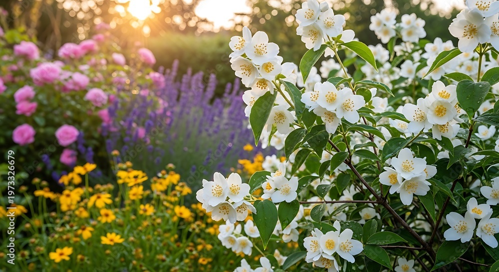 Obraz premium Beautiful flowers in a garden at sunset.