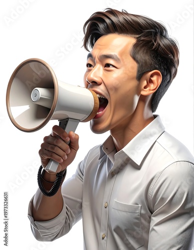 An expressive Asian man shouting enthusiastically into a classic white megaphone. His eyes are wide, mouth agape, conveying a sense of energy