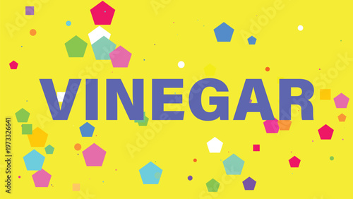Vibrant colorful hexagons, vinegar label design, yellow background, geometric shapes