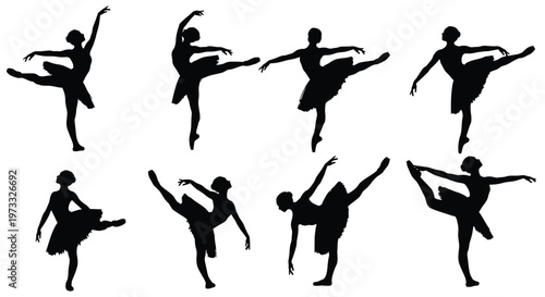 Collection of eight graceful vector ballerina silhouettes illustrating classical dance movements and elegant ballet positions