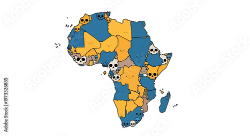 Stylized Africa Map Vector Illustration with Skull Icons Symbolizing Conflict, Disease, and Humanitarian Crisis Across the Continent