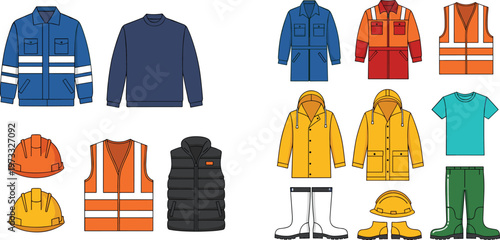 Workwear and Safety Gear Icon Set Featuring Jackets, Helmets, Boots, and Protective Clothing for Construction, Industry, and Safety Designs