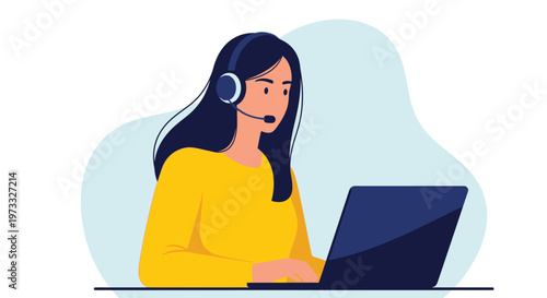 Professional female customer service agent wearing a headset while working on a laptop digital vector illustration