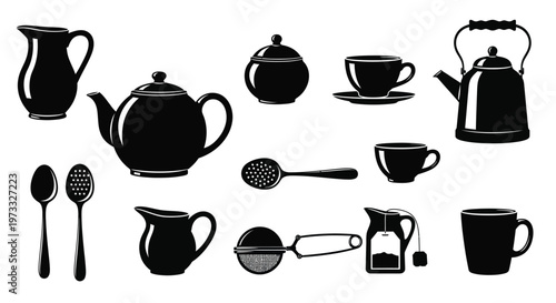 Elegant vector graphic set featuring silhouettes of various tea and coffee service items for kitchen design