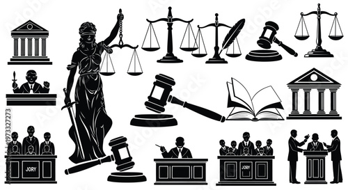 Comprehensive vector illustration set featuring various legal justice and law related icons and symbols design.
