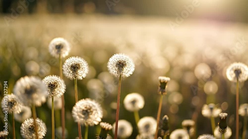 Field of Dandelions in Golden Hour Sunlight with Bokeh Background