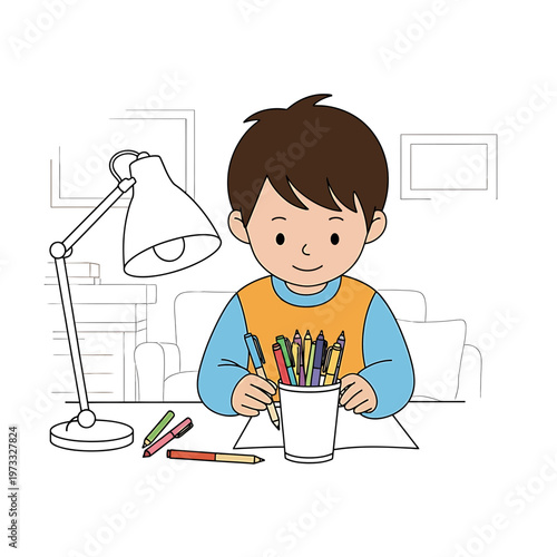 Creative Study Time: A young boy engaged in creative writing or drawing at a desk, surrounded by colorful pens, illuminated by a study lamp, embodying the essence of youthful creativity and learning.