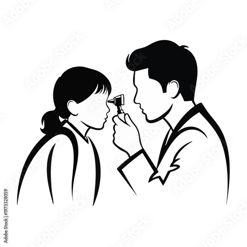 Doctor examining girl medical line art illustration. Pediatric healthcare and checkup concept. Vector graphic isolated on transparent background