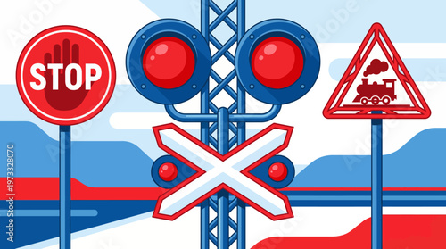 This illustration depicts various traffic signals and warning signs at a railroad crossing, emphasizing the importance of road safety and awareness in transportation systems.